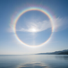 Fototapeta premium Full solar halo ring rainbow over a calm ocean and distant mountains