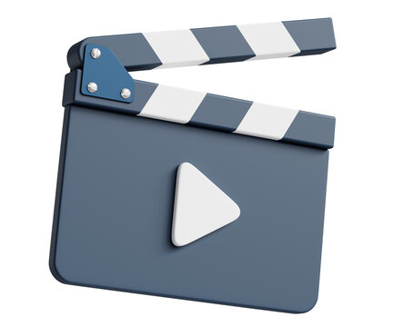 3d movie clapper board with video play icon. Film slate illustration isolated on transparent background. png