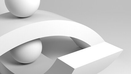 Clean white minimalist composition features smooth white arches and spheres, 3d