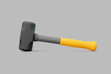 3D render of sledgehammer with yellow handle lying on grey background