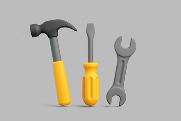 Hammer and Screwdriver Set on Gray Background