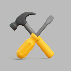 Hammer and Screwdriver Crossed on Gray Background