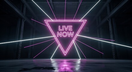 Dynamic 'Live Now' neon sign amid sleek lines and geometric shapes. Ideal for streaming promotion, gaming events, online broadcasts, presentations, and tech conferences.