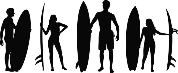 Silhouette surfers with surfboards, beach lifestyle illustration, surfing equipment diversity, ocean sport concept, summer vacation design, coastal adventure background art