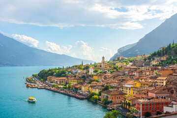 Panoramic View of Limone sul Garda Village and Lake Garda, Italy