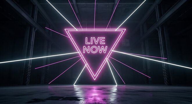 Dynamic 'Live Now' neon sign amid sleek lines and geometric shapes. Ideal for streaming promotion, gaming events, online broadcasts, presentations, and tech conferences.