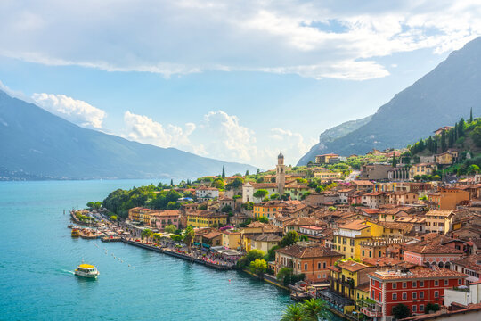 Panoramic View of Limone sul Garda Village and Lake Garda, Italy