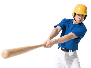 A man in a blue shirt and white pants is swinging a baseball bat with a yellow helmet on.