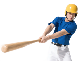 A man in a blue shirt and white pants is swinging a baseball bat with a yellow helmet on.