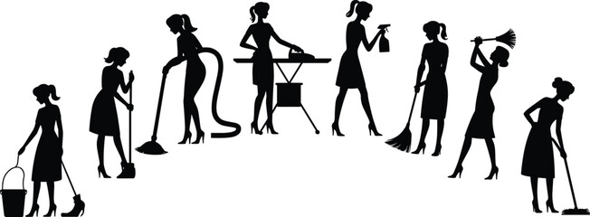 Black and white silhouette women cleaning, housework chores, vacuuming, sweeping, mopping, ironing, dusting, scrubbing, domestic tasks, vintage retro illustration