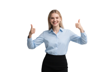 A professional woman in a light blue shirt and black skirt is giving two thumbs up with a confident and smiling expression.