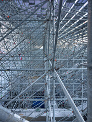 Close-up view of a steel tube grandstand, showing the complex scaffolding system used for a sports event