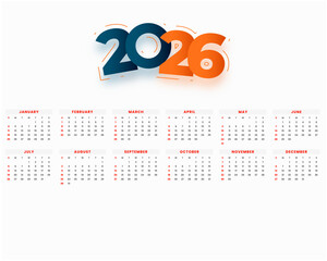 Full Year 2026 Calendar Design with Modern Typography Header