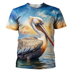 Front of a T-shirt featuring a pelican design, blending