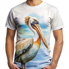 Front of a T-shirt featuring a pelican design, blending