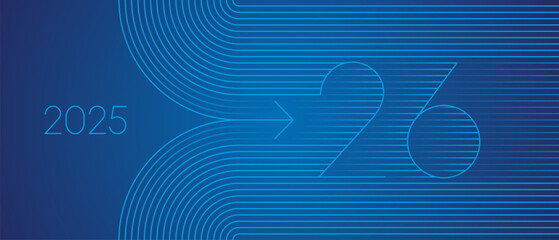 2025 change into 2026 with light blue line art design numbers on blue background. Concept of new year transition, innovation, goal setting, direction and strategic planning