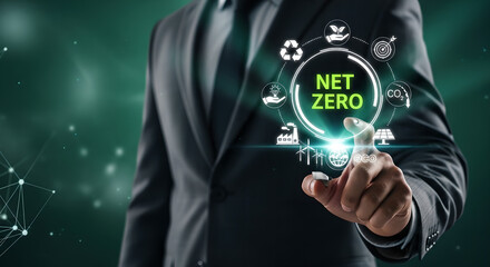Net Zero Carbon Neutrality Business Man Digital Interface Green Copy Space