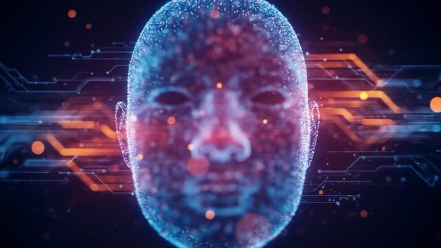 A luminous digital face formed from particles, surrounded by glowing circuitry