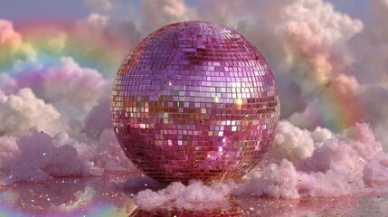 Sparkling pink disco ball rests on soft clouds with a colorful rainbow in the background, evoking a playful and festive ambiance for celebrations and events