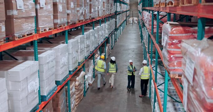 Above, logistics and people in warehouse, manufacturing and talking with storage inspection. Organize inventory, backlog and employees with safety, distribution or export with supply chain or import