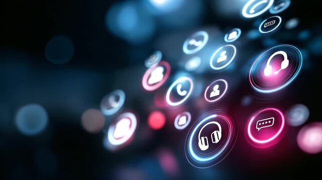 A glowing customer support dashboard filled with chat icons speech bubbles and headset symbols atmosphere of communication service and digital excellence with copy space