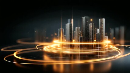 A futuristic property management dashboard projecting 3D glowing city buildings real estate charts orbiting around them in golden light atmosphere of control opportunity and - Powered by Adobe