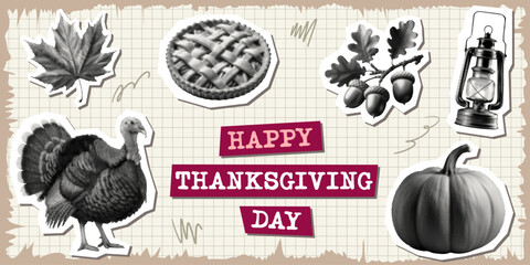 happy thanksgiving day collage concept set traditional holiday elements turkey pumpkin woven pie maple leaf oak leaves acorns old lantern halftone dotted cut-out object seasonal greeting cards design © Oleksandr Yashchuk