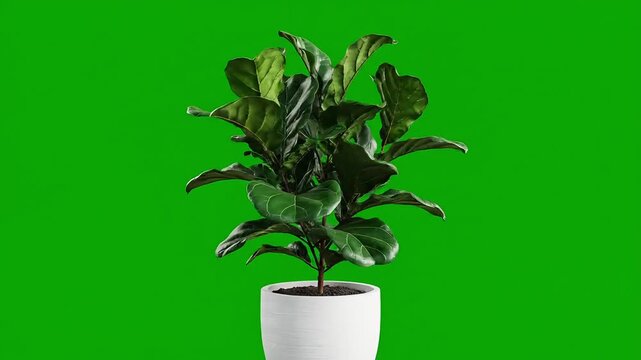 Lush green fiddle leaf fig plant in a white pot on a vibrant green background