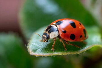 Fototapeta premium A vibrant ladybug with black spots is perched on a bright green leaf. Sunlight illuminates the scene, creating a lively atmosphere in a garden filled with foliage