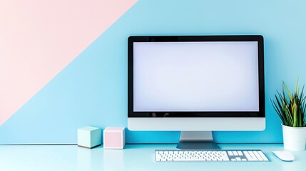 Fototapeta premium Modern Desktop Computer with White Screen in Bright Pastel Workspace