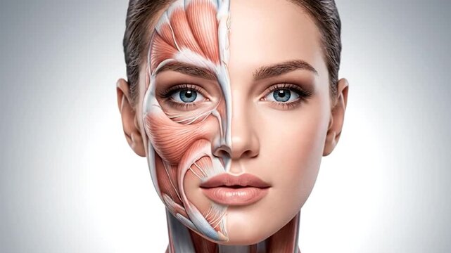A split-face view revealing human anatomy, showcasing muscle structure beside a realistic skin rendering