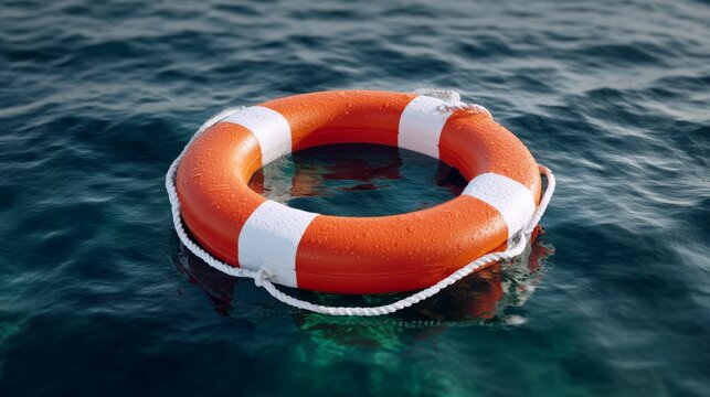 Red and white life preserver is floating in the water. The life preserver is not attached to anything and is floating on its own