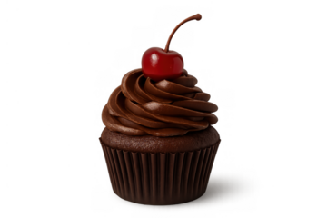 Chocolate cupcake featuring creamy frosting and a maraschino cherry. Sweet baked dessert, ready for a treat