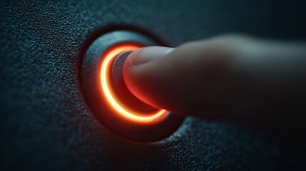 Urgent start action as finger presses glowing power button, ignite your project with innovation, technology solutions, modern design, and vibrant energy