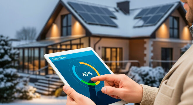 In his hands is a tablet with digital data on energy consumption in the house and in the yard with solar panels in winter