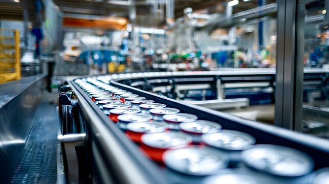Aluminum cans moving on factory conveyor belt