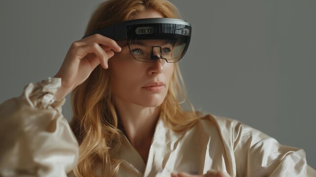 User manipulating holographic interface through neural headset, emotion of amazement visible, symbolizing immersive computing, neurocontrol, and AI-augmented human experience. cinematic color