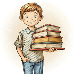 A hand-drawn sketch of a genius boy holding a stack of books