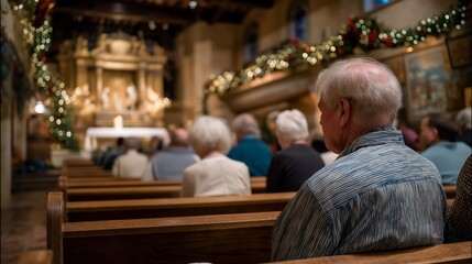 Fototapeta premium Church interior decorated with Christmas wreaths, lights, and nativity scenes while congregation sings, emotion of joy and spiritual unity visible, symbolizing holiday worship, festive religious