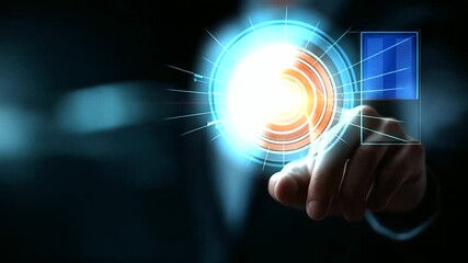 A futuristic businessman pressing a glowing button on a virtual screen neon interface expanding outward atmosphere of innovation empowerment and advanced technology with copy - Powered by Adobe