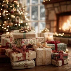 暖炉とクリスマスツリーのそばの木製の床に積まれた多くのクリスマスプレゼント | Many Christmas gifts stacked on a wooden floor near a fireplace and Christmas tree