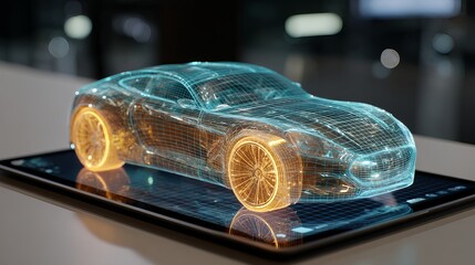 Experience next-gen car design with this stunning wireframe model on a tablet, perfect for innovation projects and automotive technology concepts now