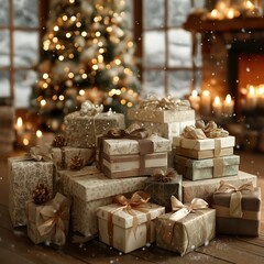 豪華なクリスマスプレゼントの山が、雪の降る窓辺の暖かいリビングルームの床に置かれている | Stack of luxury Christmas gifts on the wooden floor in a warm living room with a decorated tree and fireplace