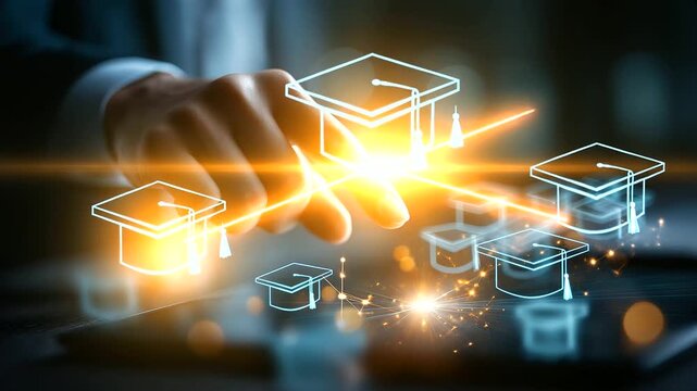 A futuristic businessman pressing a button to activate e learning tools digital books and graduation caps glowing across the screen atmosphere of growth knowledge and modern