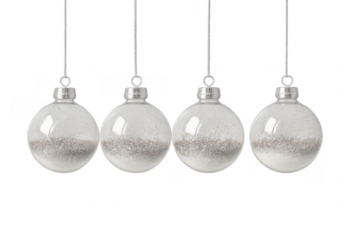 Four hanging transparent christmas baubles filled with silver glitter