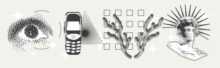 Universal Trendy Geometric Shapes Set With Vector Bitmap Dithering Texture.