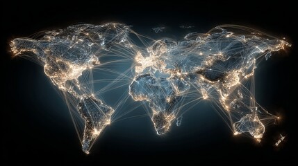 Global network connections illuminating the world, visualizing communication and trade routes, perfect for illustrating international business and reach