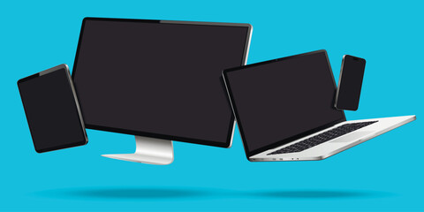 Realistic computer monitor, laptop, smartphone and tablet levitation on blue background with shadow.
