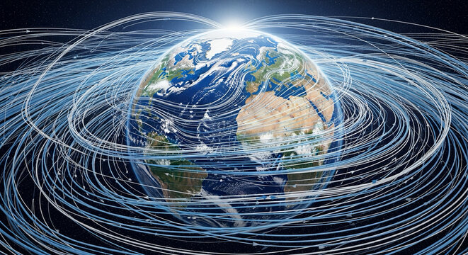 Illustration of wind swirling around Earth — global climate patterns.