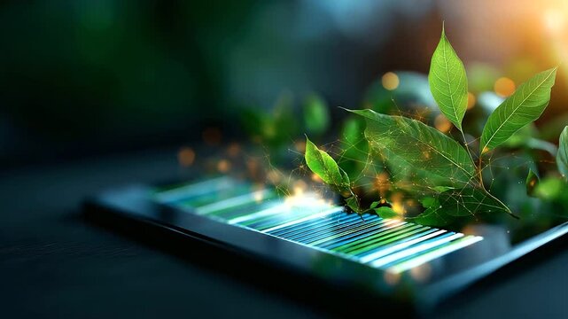 A glowing digital platform integrating ESG principles green leaves and sustainable symbols floating alongside financial graphs soft light emphasizing harmony between technology